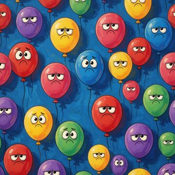 Cartoon balloons show grumpy sad expressions. Colorful round objects with faces fill blue background. Joyless party objects create funny upset mood. Whimsical playful art pattern.