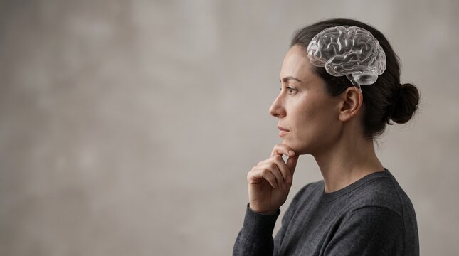 Side Profile of Pensive Woman Pose as a person thinking icon with Holographic Brain Overlay