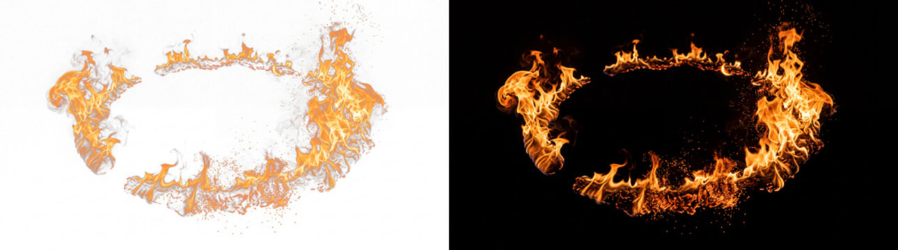 Fiery ring of flames on black and white background, circular fire frame for design, burning orange heat element