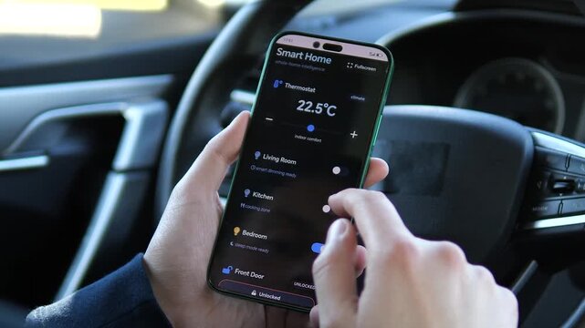 Close-up of a sleek smart home dashboard showing locked doors and room settings. Showcases intuitive UI design for integrated home ecosystems and automation.