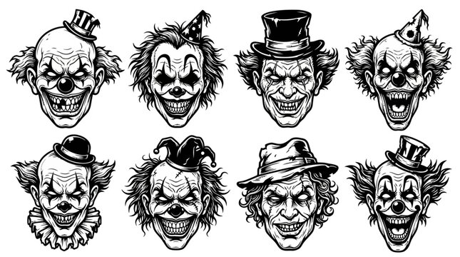 Set of eight creepy evil clown heads in black and white