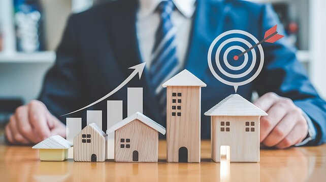 Real estate business growth represented by small wooden houses, bar charts showing upward trend, a bullseye target, and a businessman in the background