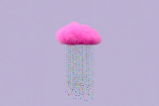 Fluffy pink cloud rains down a cascade of colorful, tiny squares