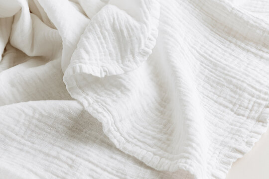 Soft White Crumpled Muslin Cotton Fabric Drapery Textile Texture Background
