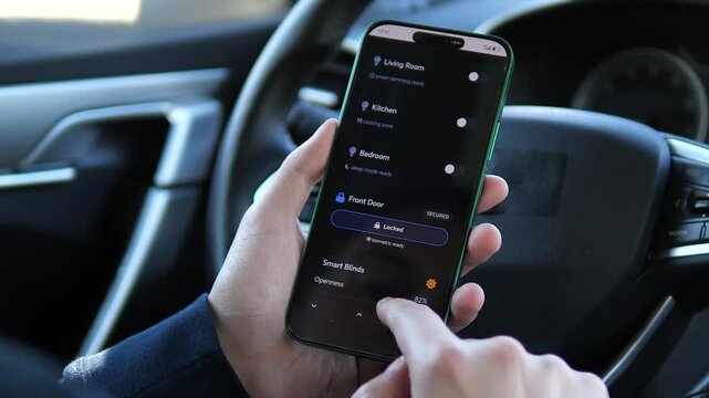 A dark-mode mobile interface allows a user to fine-tune climate settings, adjusting the thermostat for optimal comfort. The scene underscores the convenience of managing energy consumption 