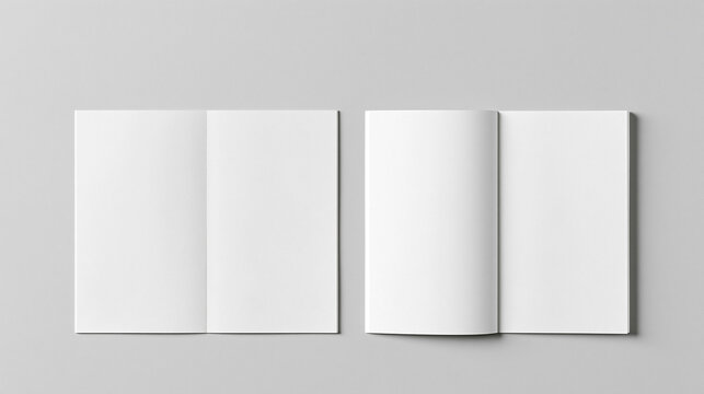 Two open blank white brochure mockups isolated on light grey background with brochure catalogue branding template stationery presentation marketing corporate