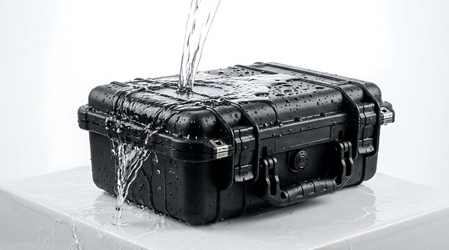 Black waterproof protective hard case being splashed with water to show durability and safety for gear. waterproof case solutions