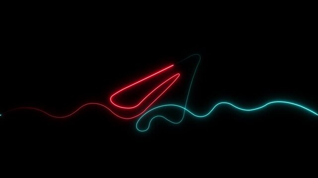 Neon paper airplane animation with glowing red and blue light trails on black background