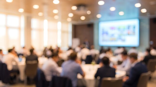 Blurred business meeting or seminar with attendees sitting at round tables in modern conference room facing presentation screen during corporate strategy event in daytime