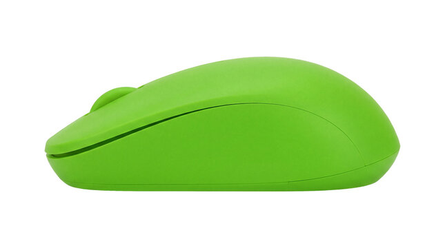 Green wireless computer mouse, ergonomic input device for digital technology and business computing, transparent background