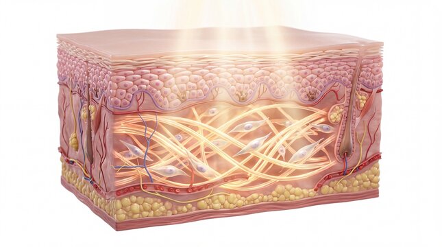 Skin rejuvenation anti aging collagen elastin dermis epidermis glowing healthy youthful anatomy medical illustration. Skin rejuvenation and anti aging concept showing collagen and elastin fibers
