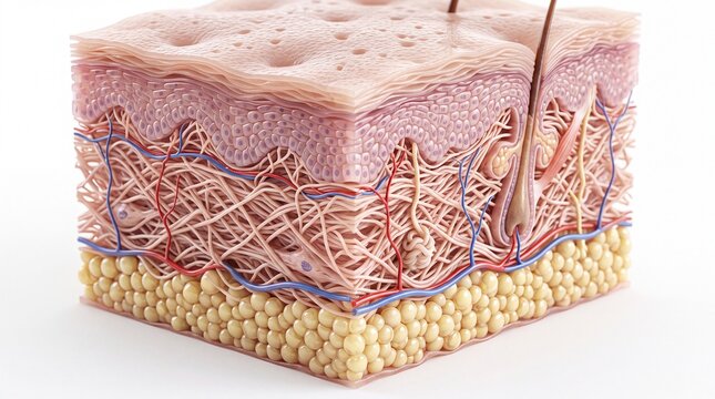 Cross section skin structure showing epidermis dermis hypodermis hair follicle sweat gland blood vessel nerve fat cell connective tissue and healthy texture