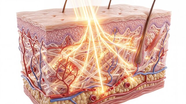 Cross section of human skin showing deep skin penetration, with glowing light beams illustrating absorption through epidermis, dermis, and subcutaneous layers, highlighting hair follicle and blood