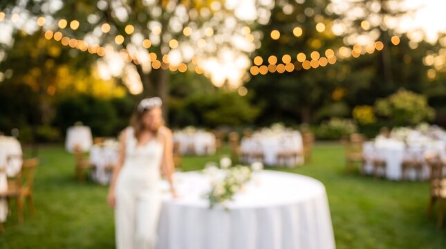 Dreamy evening wedding reception outdoors with glowing string lights and blurred woman in white dress standing near elegant table setting on grassy lawn during golden hour summer event