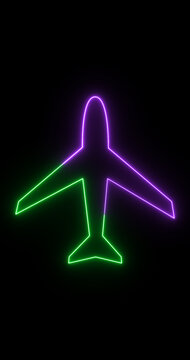 Vertical Neon Airplane Icon Animation &ndash; Glowing Flight Symbol on Black Background, Aviation Travel UI Element, Seamless Loop Overlay, 4K Vertical Motion Graphic with Alpha