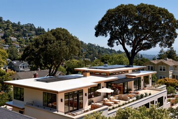 Fototapeta premium Modern luxury house rooftop terrace with solar panels and scenic view