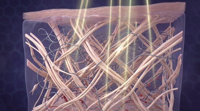 Dermis structure collagen fiber connective tissue skin layer elasticity microscopic biology anatomy human health medical detailed illustration