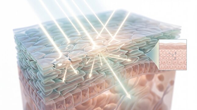 Light penetration epidermis skin layer dermatology anatomy medical illustration human tissue healthcare biology cross section scientific healthy glowing
