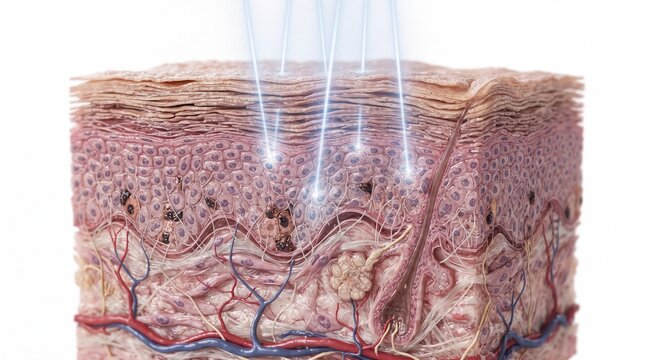 Cross section of human skin showing epidermis, dermis, and subcutaneous layers with light penetration, highlighting skin structure, blood vessels, and hair follicle in scientific illustration