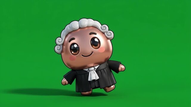 Cute Cartoon Judge Character with Wig and Robe on Green Screen Background.