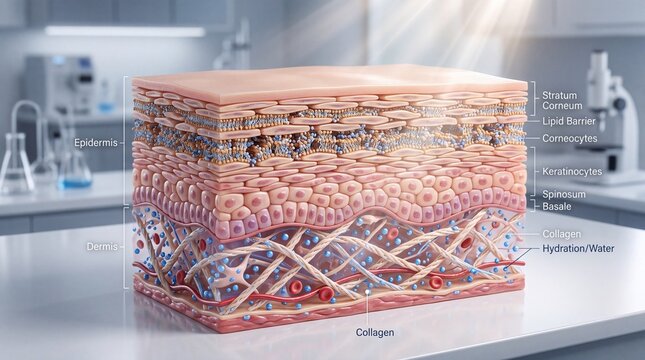 Cross section of human skin showing epidermis dermis stratum corneum lipid barrier keratinocytes spinosum basale collagen and hydration with water molecules in laboratory setting