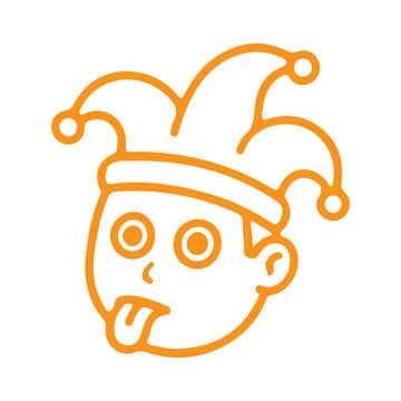 Orange line art illustration of silly jester face sticking tongue out with harlequin, expression