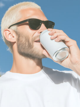 Blond man in sunglasses and white t-shirt holding soda can and drinking it. Tin can with sweet soda water.