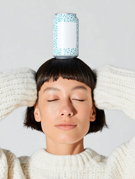Young woman in woolen sweater holding her head with hands and chilled soda can on her head. Fizzy soda in a sealed metal packaging.