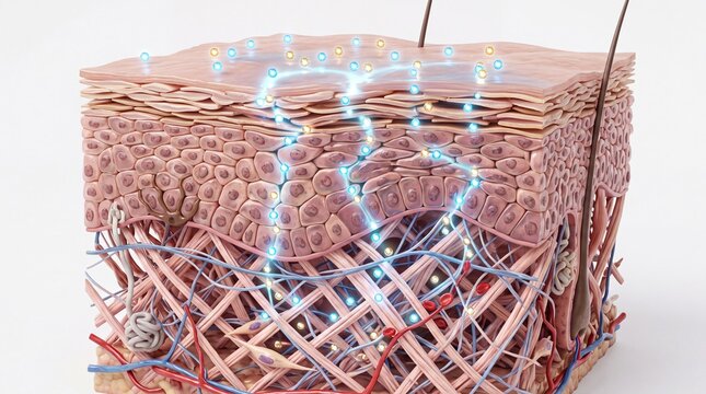Cross section of human skin showing epidermis, dermis, and hypodermis layers with active ingredient penetration, collagen fibers, blood vessels, and glowing particles representing absorption