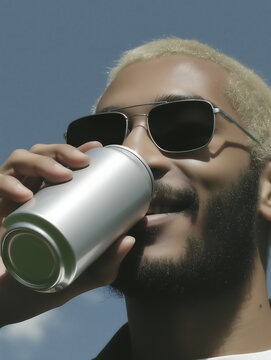 Blond man with short hair wearing sunglasses smiling slightly and drinking from aluminum soda can. Aluminum soda packaging for advertising concept placement.