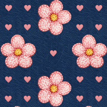 Seamless embroidered flower and heart pattern on denim