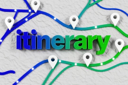 3D text says itinerary on textured background. Colorful lines connect white location pins like map. Abstract design represents travel planning, navigation routes, journey destinations for tourism
