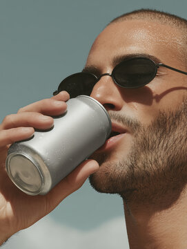 Bald young man with small beard wearing sunglasses drinking soda from aluminum can. Universal aluminum can mockup for logo or label demonstration.