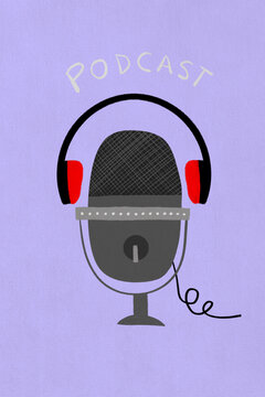 Digital illustration of a microphone with headphones and generic audio