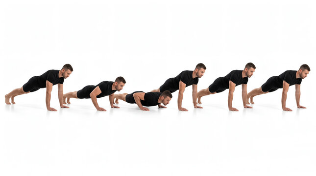 Man Doing Push-Ups Exercise Sequence Step-By-Step Workout Instruction Athlete Training Plank Position Bodyweight Fitness Routine Isolated on White Background Graphic Presentation Template Asset