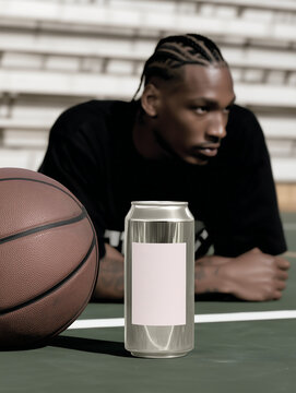 Man lying on basketball court next to basketball and aluminum soda can. Aluminum can with carbonated drink for packaging design and branding.