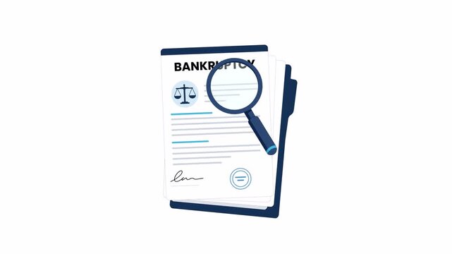 Flat 2D vector animation of a bankruptcy document with alpha channel and transparent background for legal, financial, and business motion graphics.