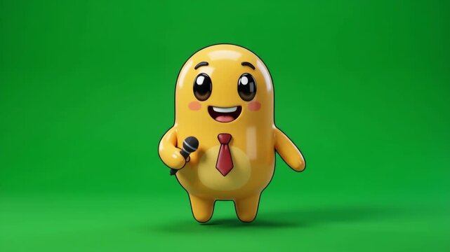 Cute 3D cartoon character holding a microphone and wearing a tie, standing against a green background, ready to speak or present.