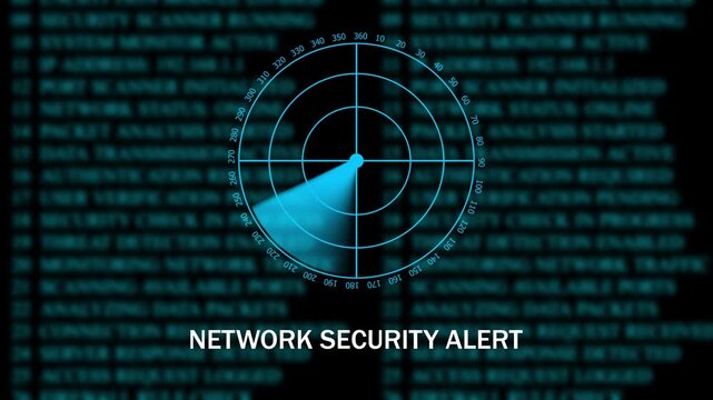 Data portection concept featuring a glowing red warning symbol over a digital radar interface and blurred computer code background. The futuristic cybersecurity design represent