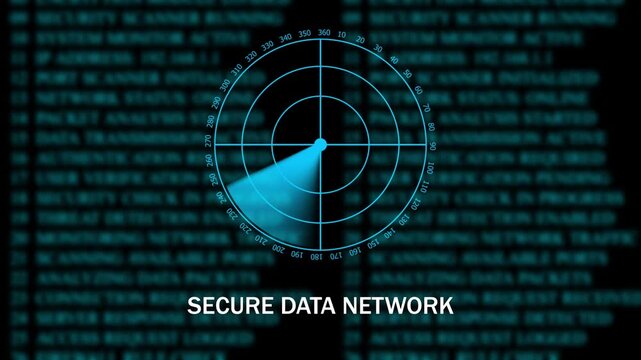 Data portection concept featuring a glowing red warning symbol over a digital radar interface and blurred computer code background. The futuristic cybersecurity design represents