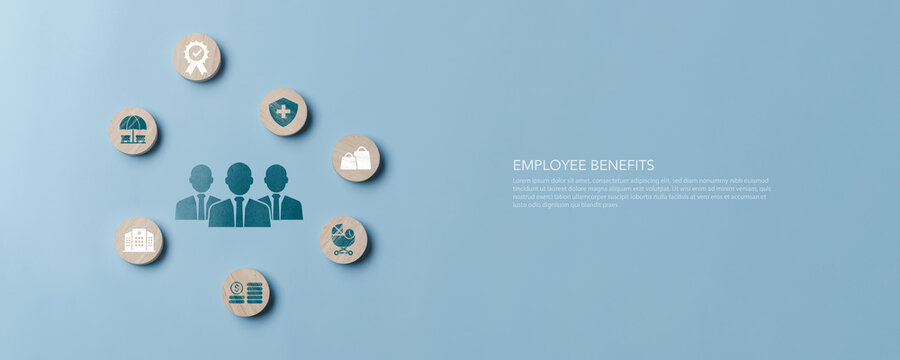 Employee benefits concept and access to welfare health, 
Fringe benefits for employee engagement. Insurance, paid vacation, office perks.