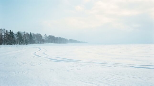 Windbreak Line Across an Empty Snowfield