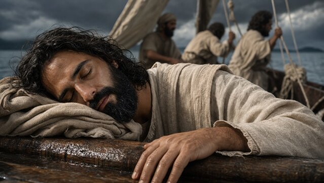 Jesus sleeping on wooden boat with disciples during storm on sea. Biblical scene from Gospel of Luke depicting calm amidst chaos. Historical reenactment of religious faith and miracle.