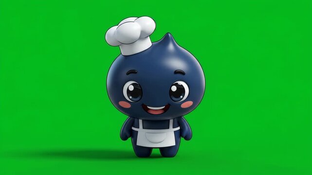Cute cartoon character chef with toque and apron, a delightful 3D rendering on a green screen background.