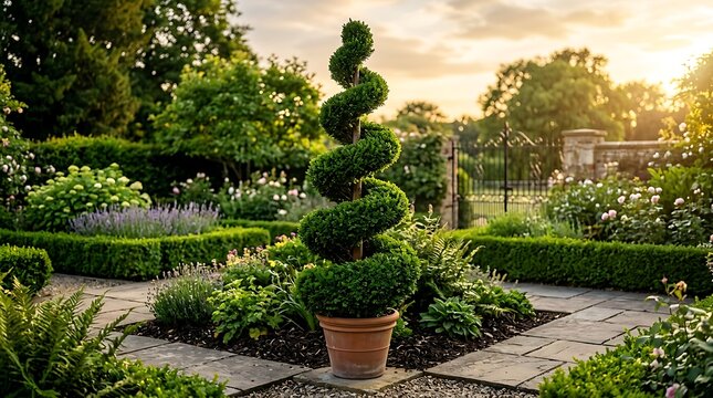 Spiral topiary tree in a terracotta pot standing in a beautiful formal garden during a warm sunset. bukszpan