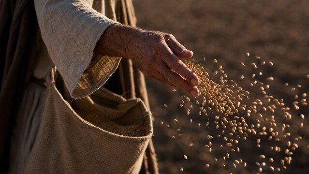 Man sowing seeds in field. Sower scattering grain from burlap bag onto soil. Biblical scene of parable of sower from gospel of Luke. Agriculture, faith and spiritual growth concept.