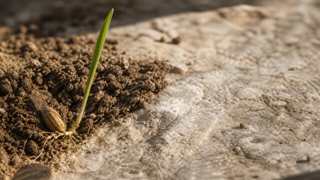 Sprouting seed on stone representing the biblical parable of the sower. Small plant growing from grain next to rock in soil. Concept of faith, spiritual growth and divine word.