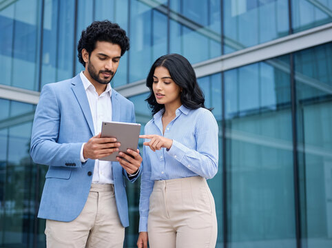 young Indian business professionals reviewing information on a tablet with a businessman holding the device while a businesswoman explains during a corporate consultation