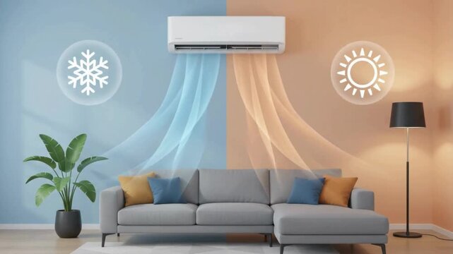 Air conditioner with flowing cool and warm air streams, split system heating and cooling residential interior with sofa, plant and lamp, dynamic visual effects representing temperature control.