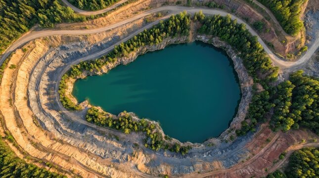 Aerial view of a picturesque abandoned quarry lake surrounded by lush green pine forests and terraced cliffs